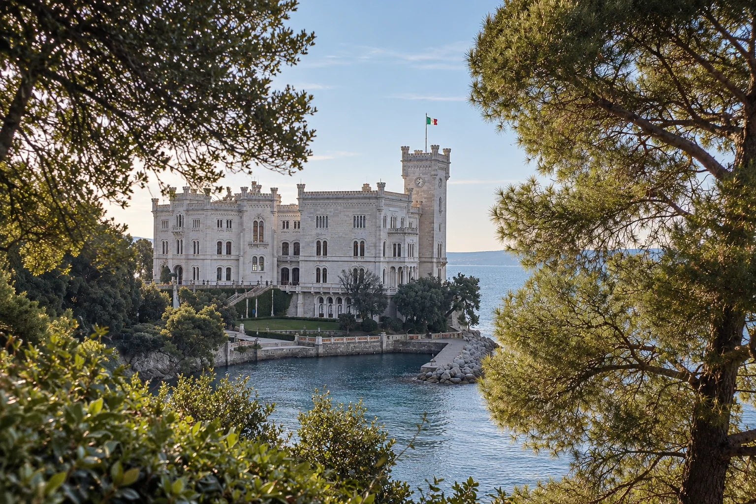 Miramare’s pale castle stands across the inlet, framed by the wooded park.