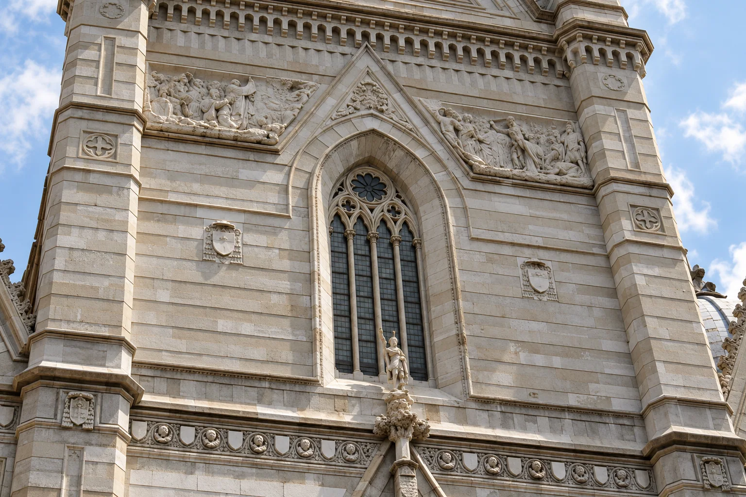 A pointed four-light window with a small rosette, flanked by relief panels and striped stone piers.