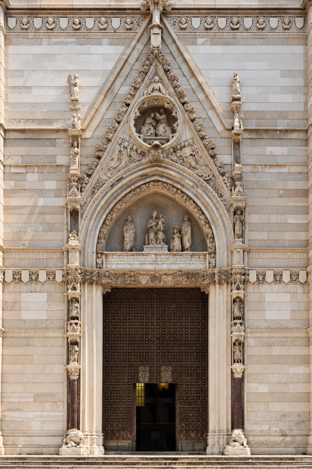 A square-paneled dark door sits beneath a tall pointed portal with layered arches, a sculpted central group, matching vertical figure tiers and two stone lions at the base.