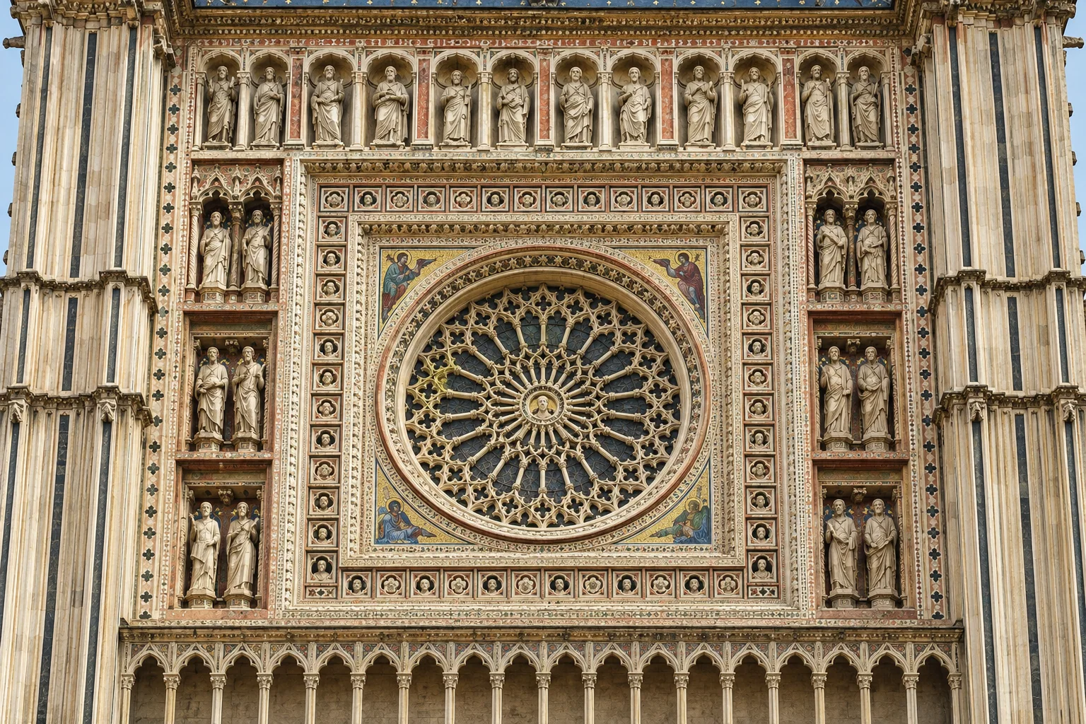 Circular rose window in a decorated square surround, with carved stone niches and gold-background mosaic panels.