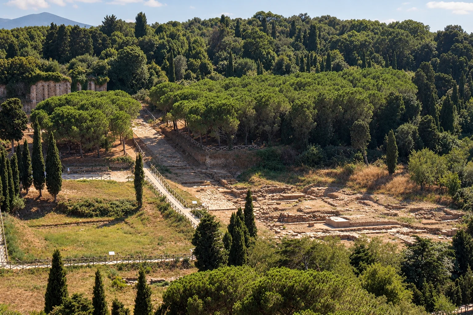 Elevated view of stone foundations and paths among pines and cypress trees at Populonia’s Acropolis