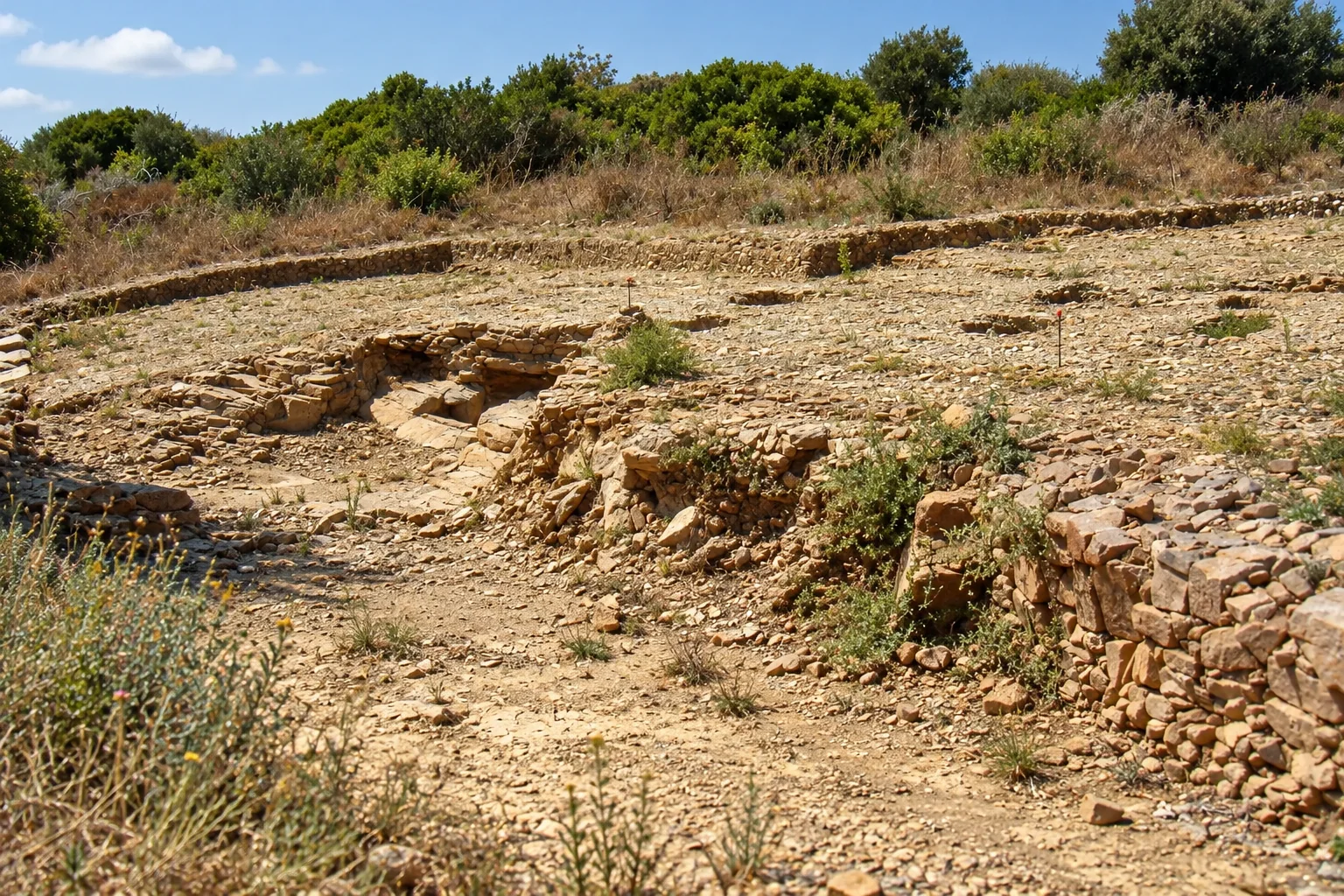 Low ancient stone foundations in the archaeological area of Populonia