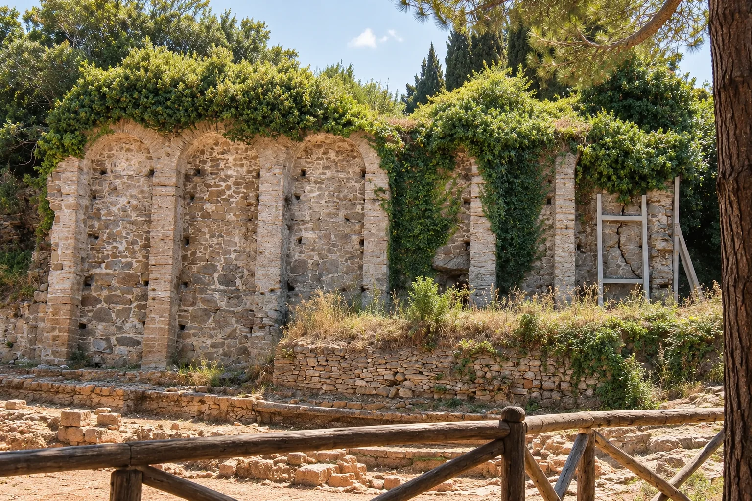 Ancient buttressed masonry framed by trees in Populonia’s upper archaeological area