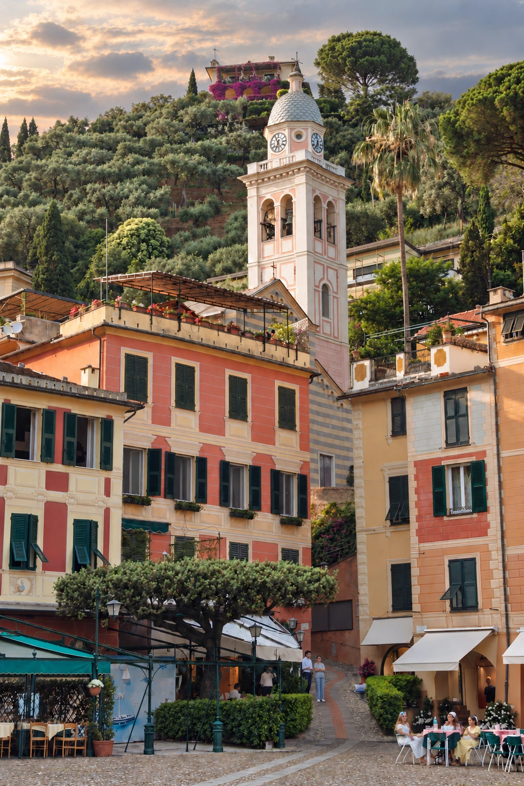 San Martino sopra la piazzetta: Il campanile di San Martino si alza dietro le facciate dipinte intorno alla piazzetta di Portofino.