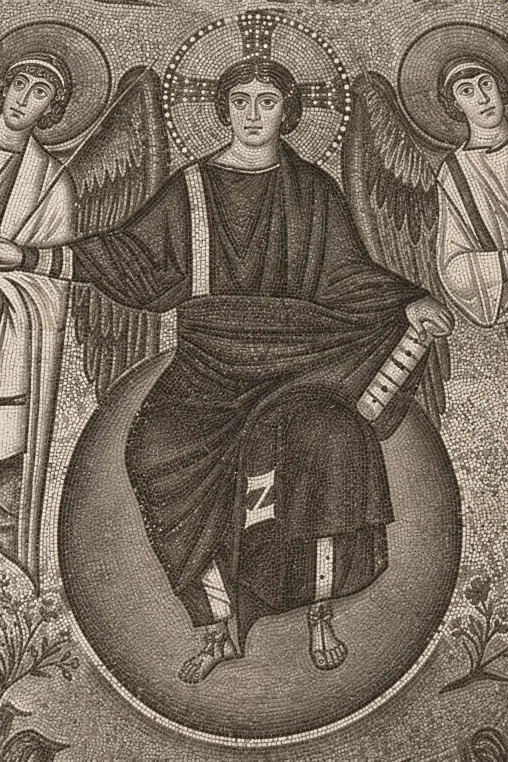 Monochrome mosaic detail of a youthful Christ with a cross-marked halo, scroll and feet above a rounded globe, with parts of two flanking angels.