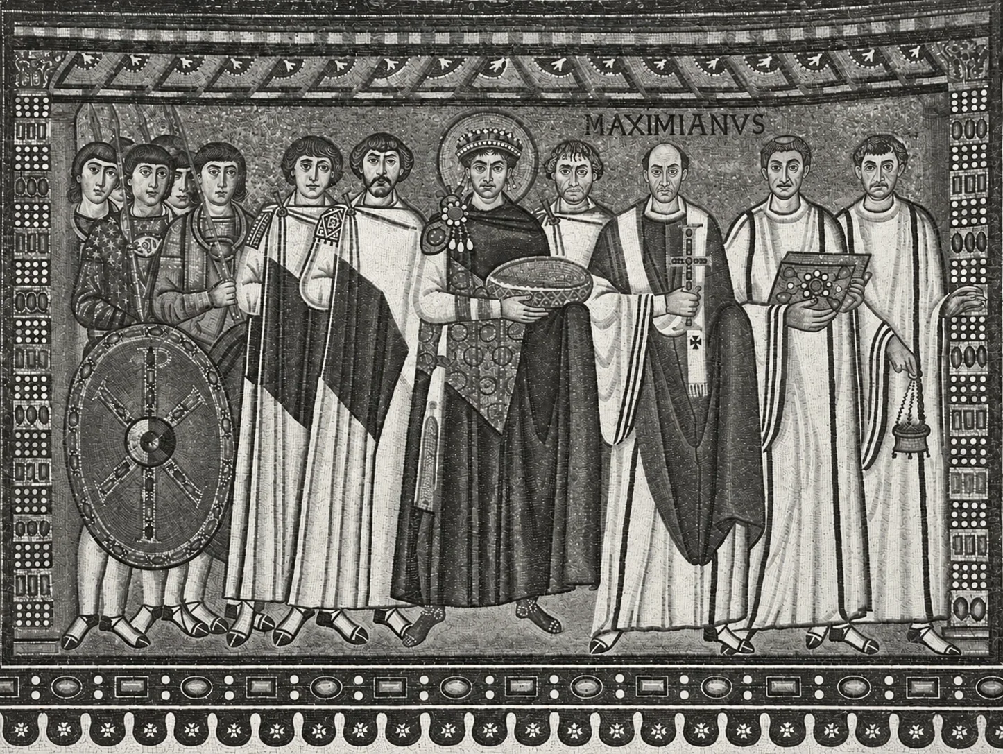 Monochrome mosaic panel with haloed Justinian holding a shallow vessel, soldiers and a shield to the left, and cross- and book-bearing figures to the right.
