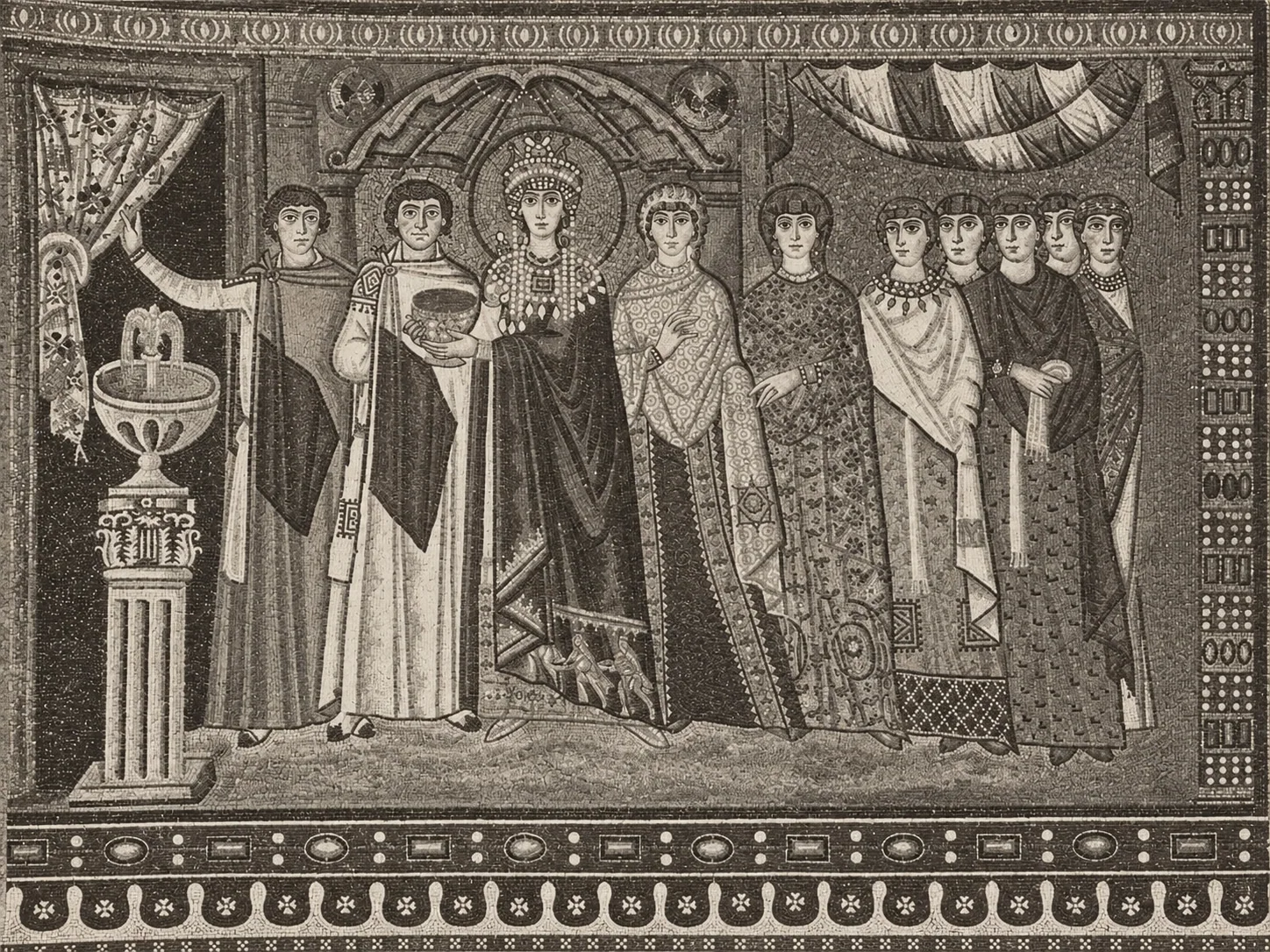 Monochrome mosaic panel of haloed Theodora holding a chalice among court figures, with a fountain, curtain and patterned robes.