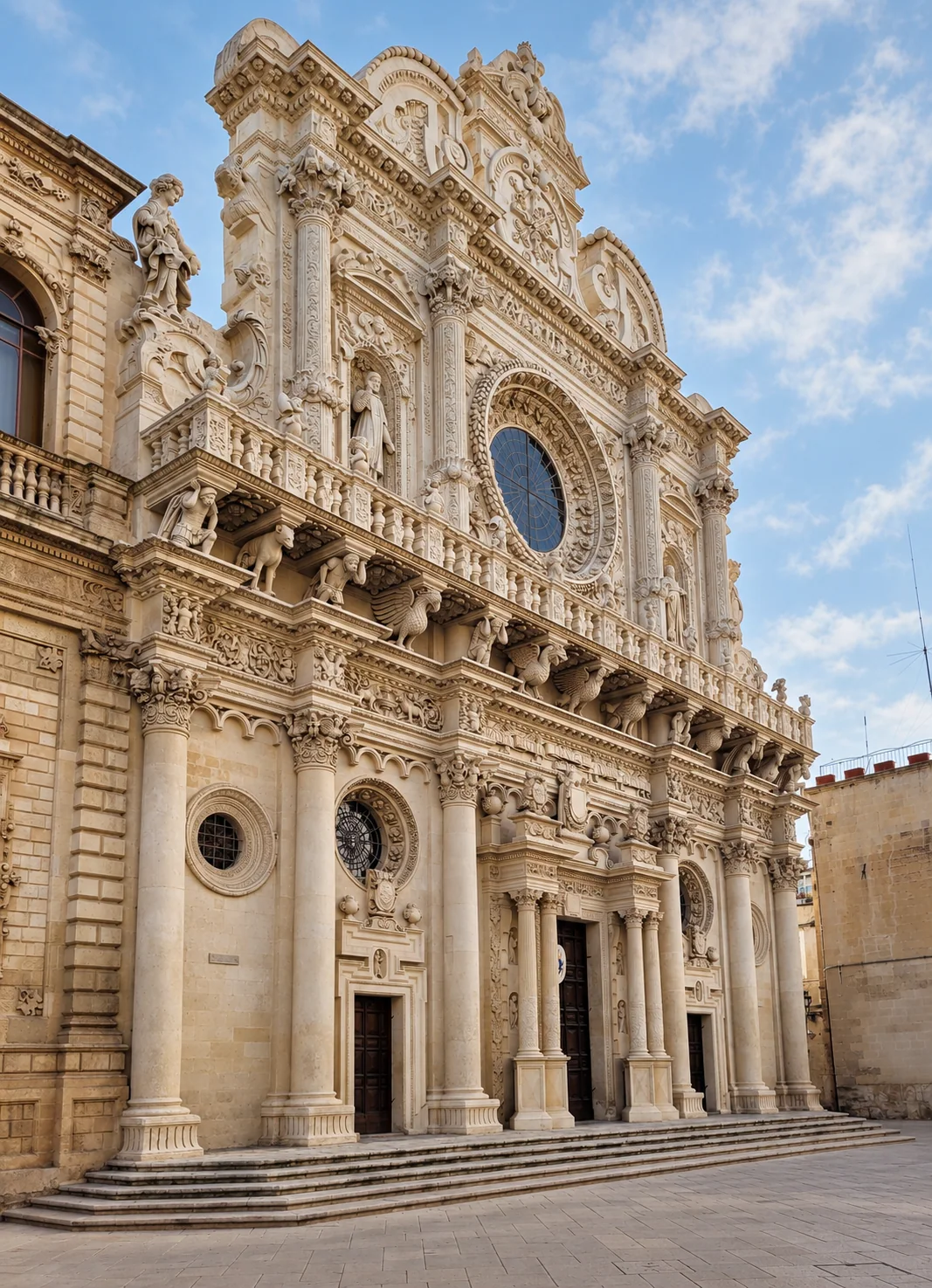 Pale stone façade of Santa Croce seen obliquely, with three lower entrances, round windows, a figured balustrade and upper rose window.