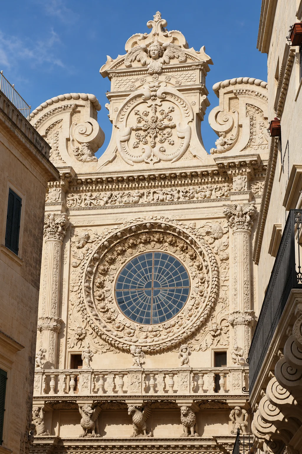 Circular rose window encircled by carved foliage, fruit and small figures, beneath a high central crest between neighboring buildings.