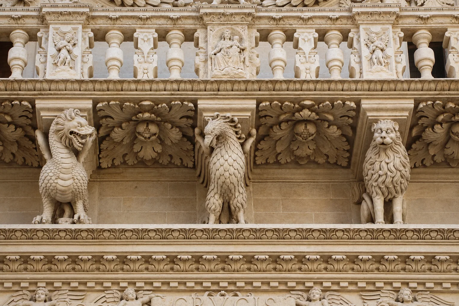 Three carved animal forms in source order beneath leafy soffits: scaled open-mouthed figure, feathered bird form and a forward-facing mane-framed figure.
