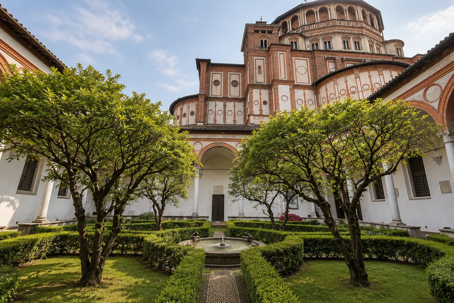 Garden and low circular fountain between cloister arcades beneath Santa Maria delle Grazie’s tribune