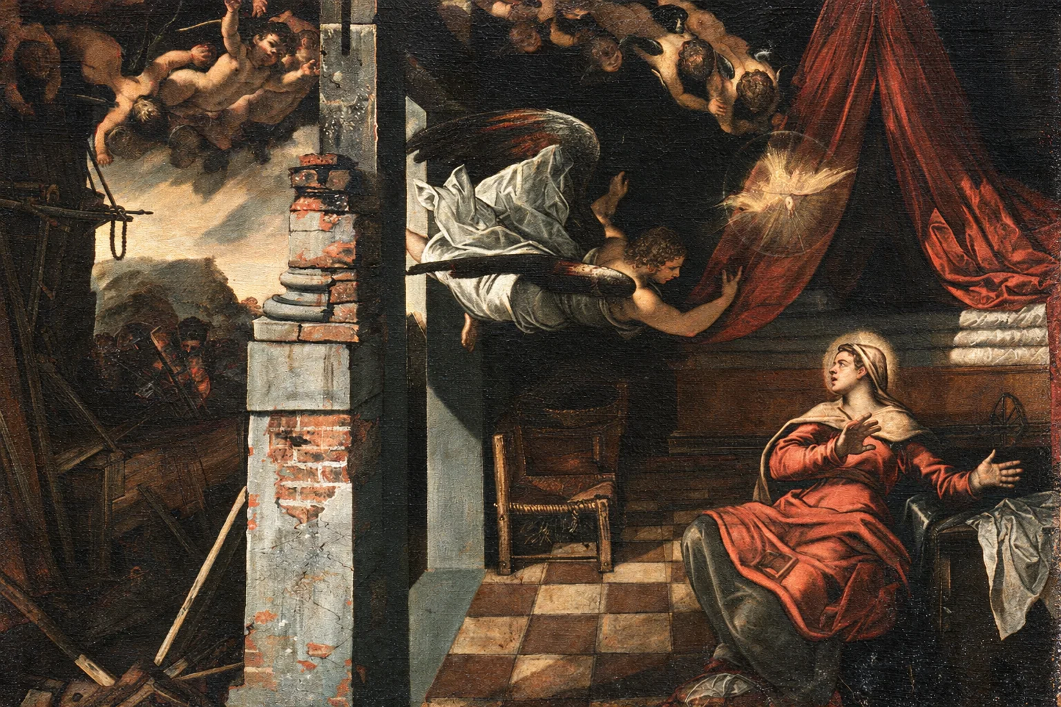 Detail of Tintoretto’s Annunciation, with the Virgin seated at right, an airborne angel, a dove, a brick column and tiled floor.