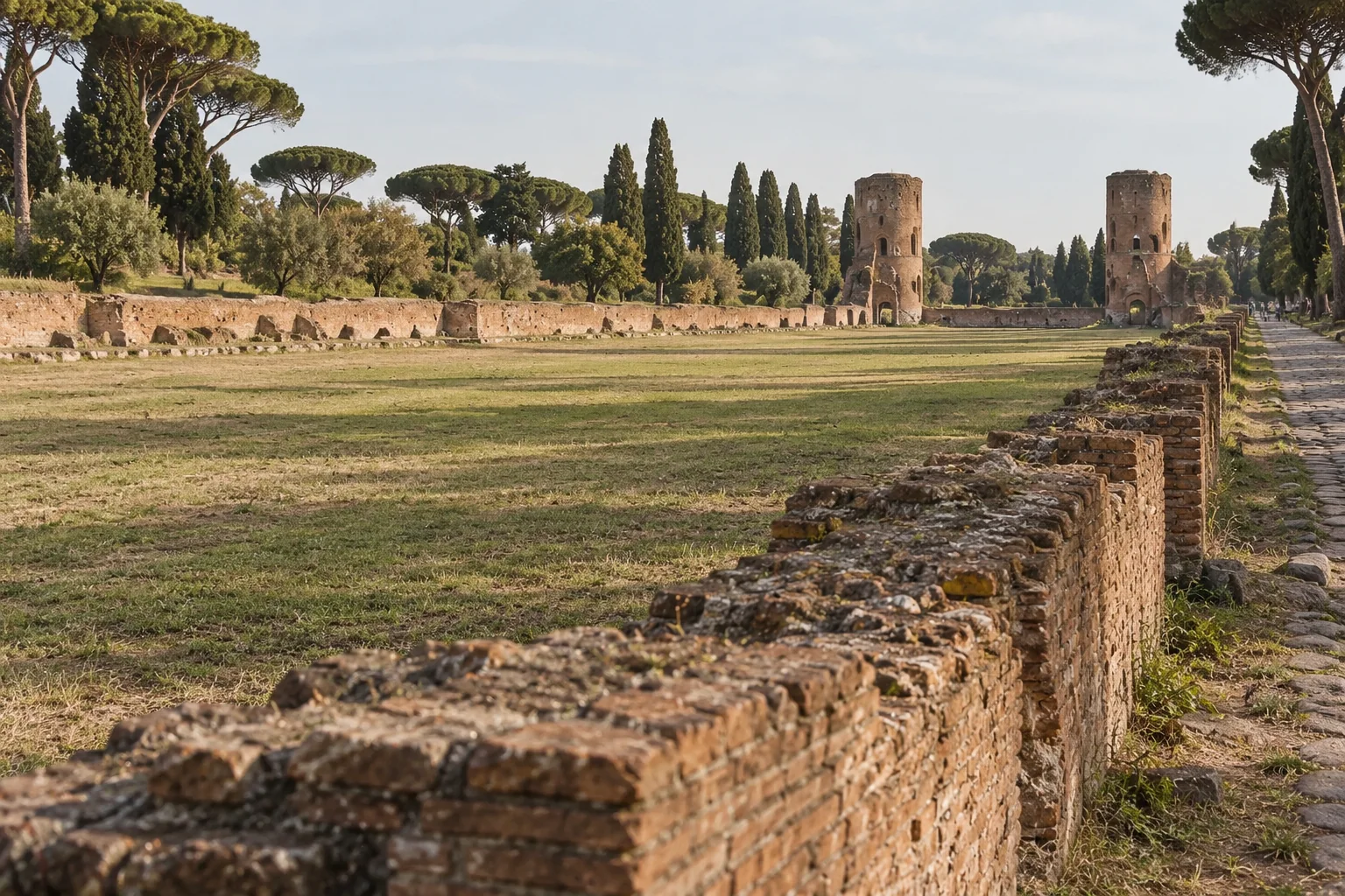 Brick gate towers and grassy track at the Circus of Maxentius