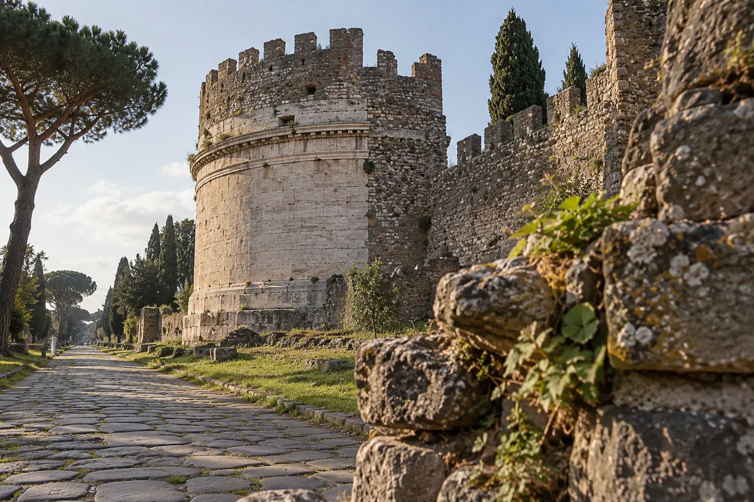 The round Mausoleum of Cecilia Metella beside the Appian Way