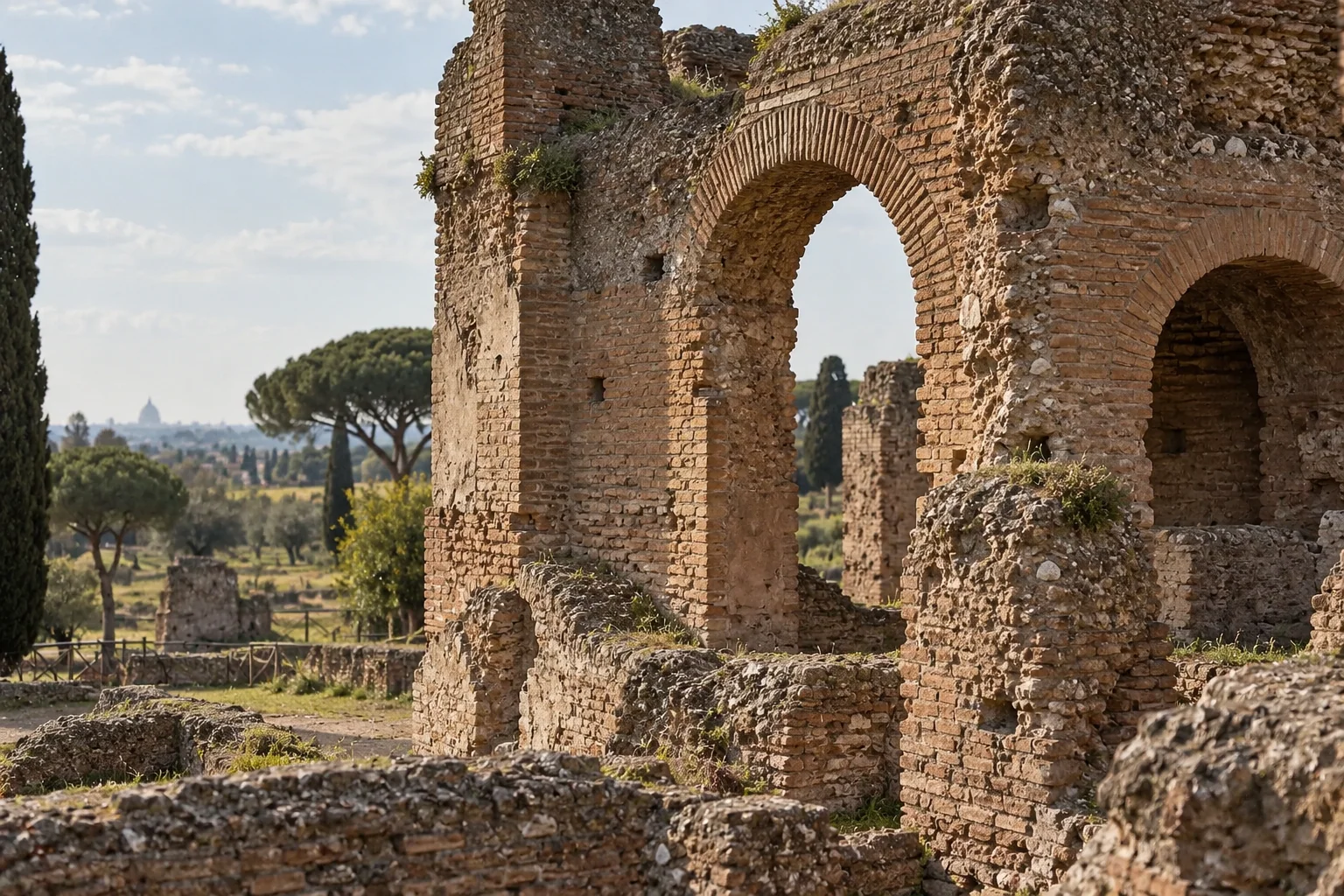 A close oblique view of ancient brick bath-house walls and arches at Villa dei Quintili