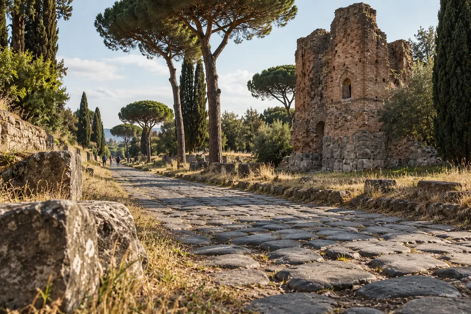 Worn basalt paving stones and umbrella pines along the Appian Way