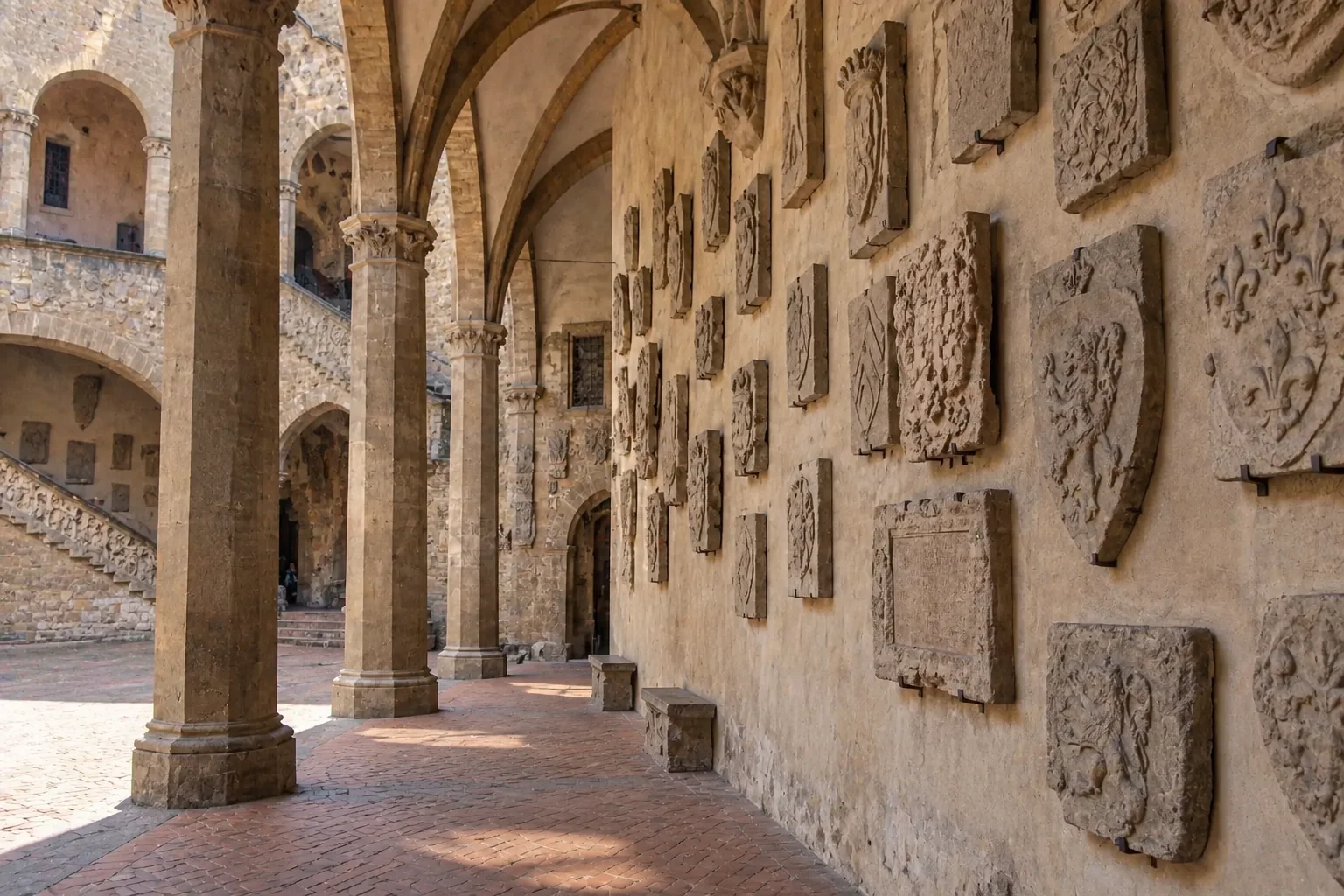 Carved heraldic shields and the stone arcade of the Bargello courtyard
