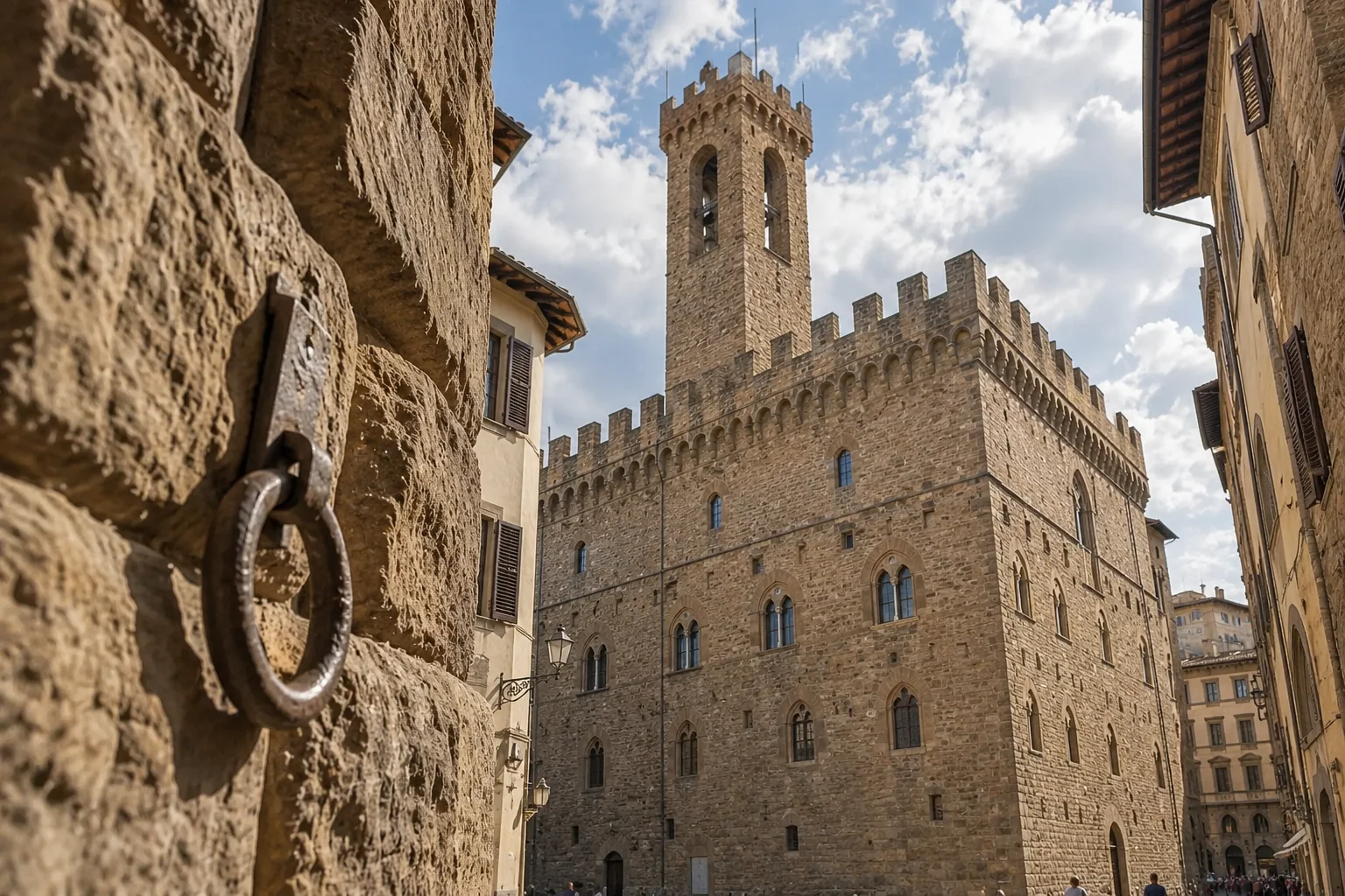 The severe stone wall and tower of the Bargello rising against clouds from the narrow street below