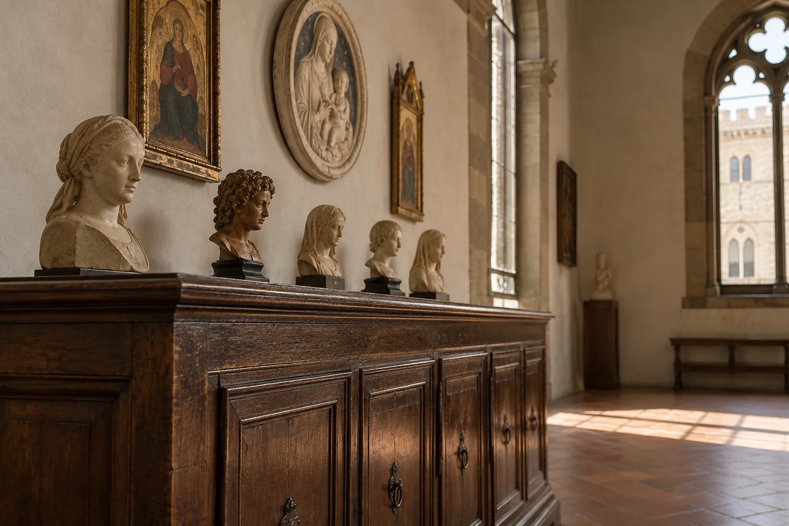 A quiet room of the Bargello with Renaissance portrait busts on a walnut sideboard and reliefs on the wall