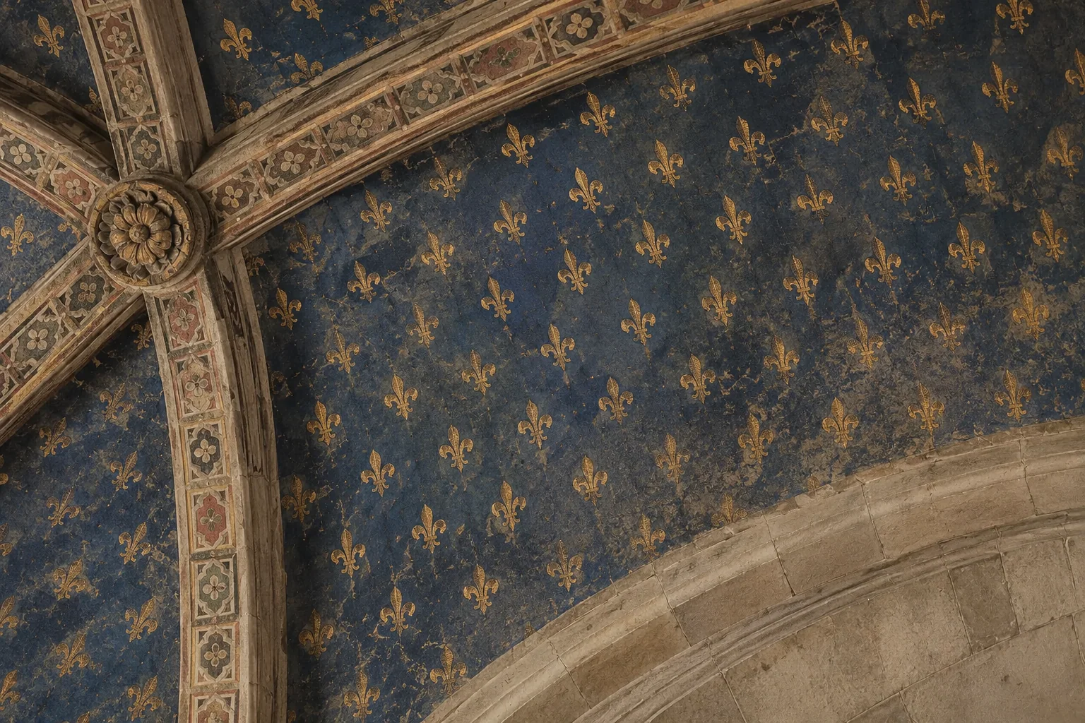Golden lilies punctuate the blue vault beside weathered stone ribs.