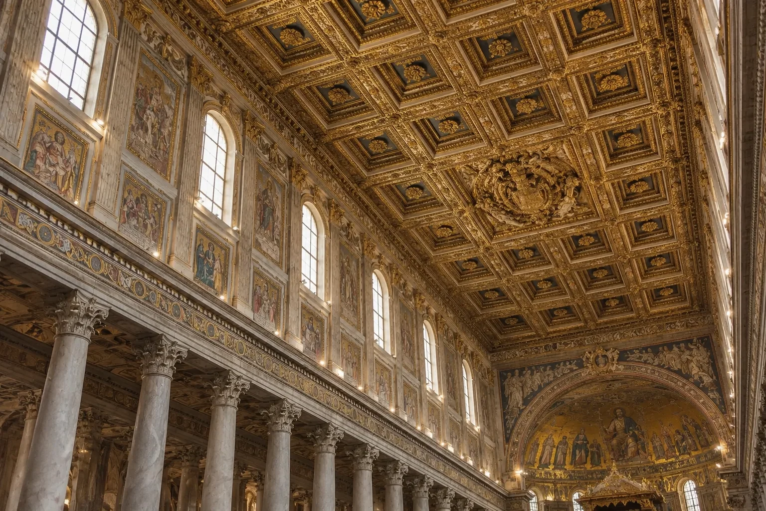 The gilded coffered ceiling of the nave of Santa Maria Maggiore in Rome
