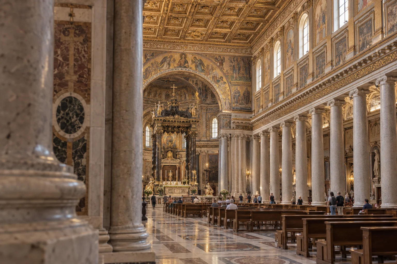 The nave of Santa Maria Maggiore in Rome, with marble columns leading to the high altar