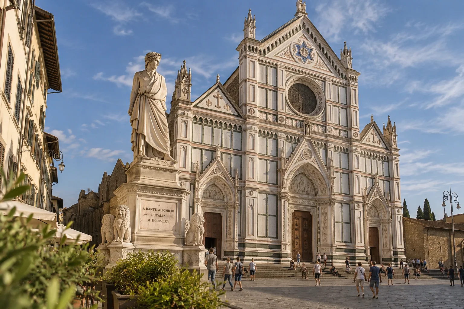 The neo-Gothic marble facade of Santa Croce and the statue of Dante on its plinth in the piazza