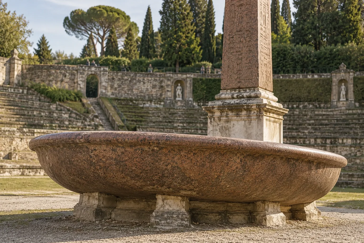 The large oval granite basin and Egyptian obelisk in the Boboli amphitheatre