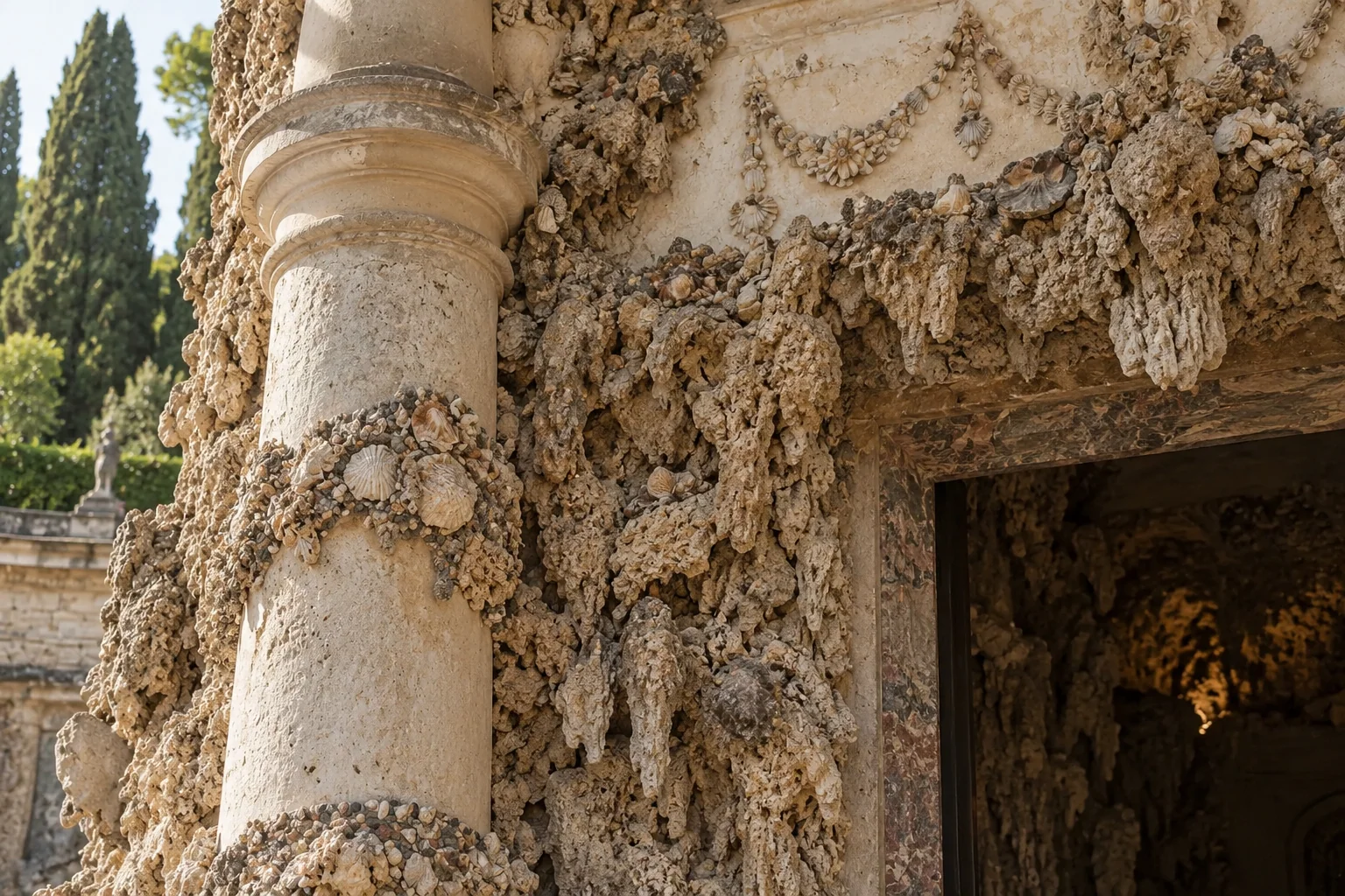 The rock-work facade of the Grotta Grande with marble niches