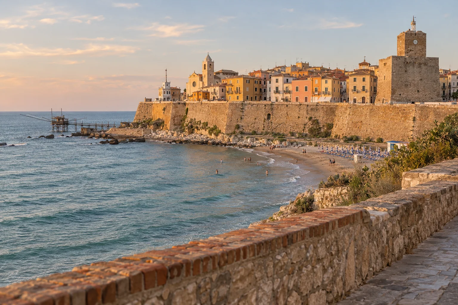 The old quarter of Termoli seen from the beach at sunset, with the castle tower and a trabucco