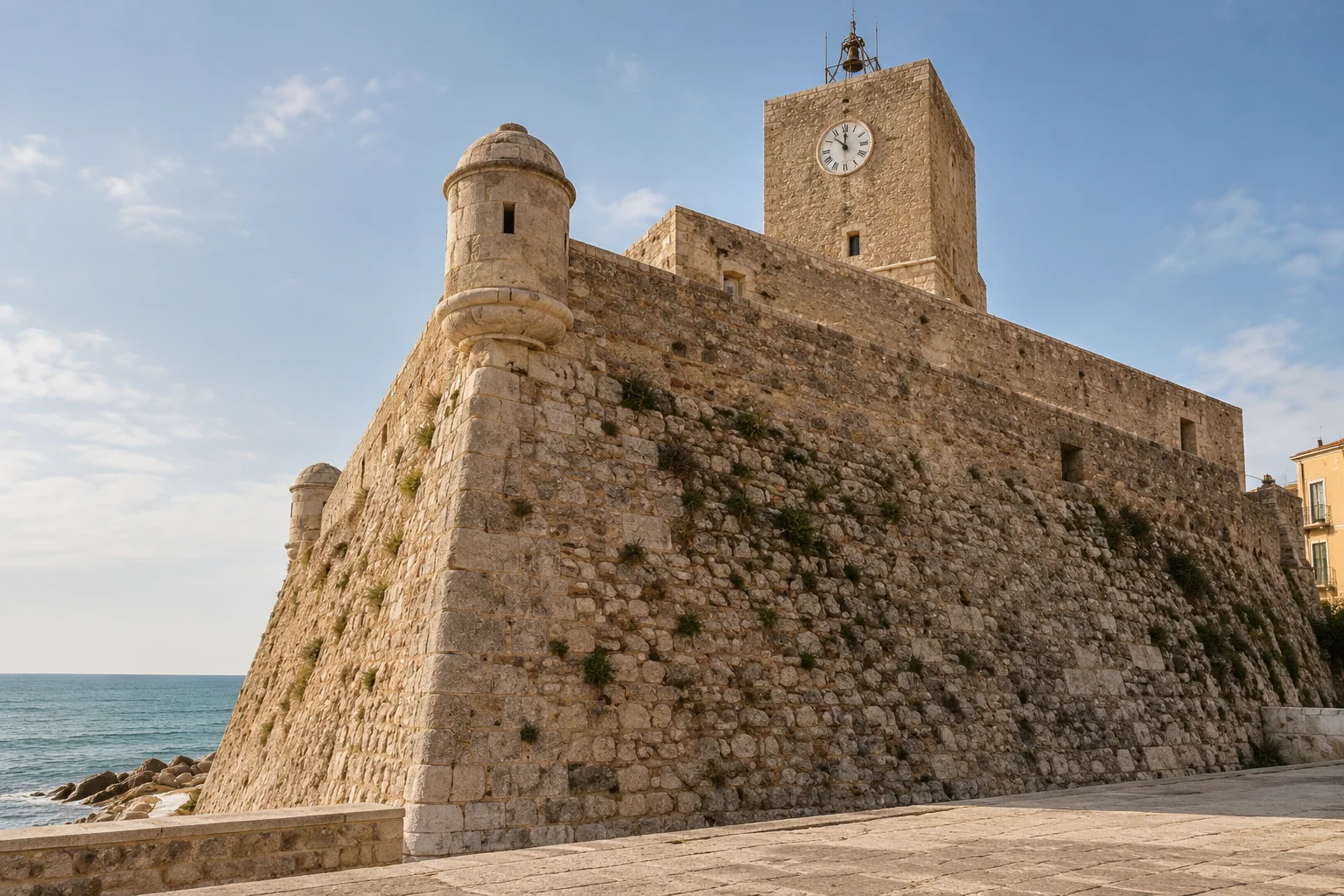 The square stone Castello Svevo of Termoli under a blue sky