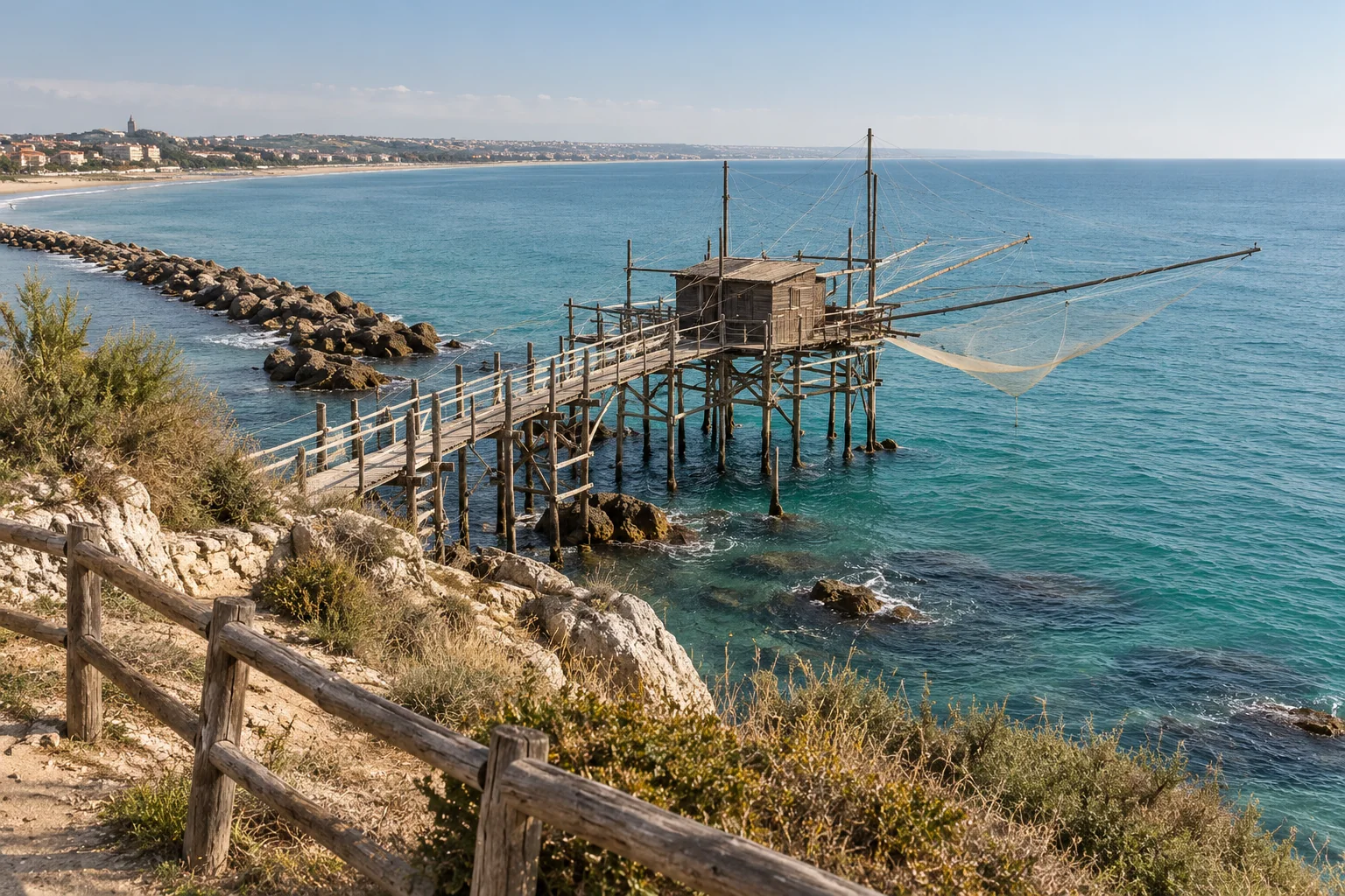 A wooden trabucco fishing platform reaching out over the sea off Termoli