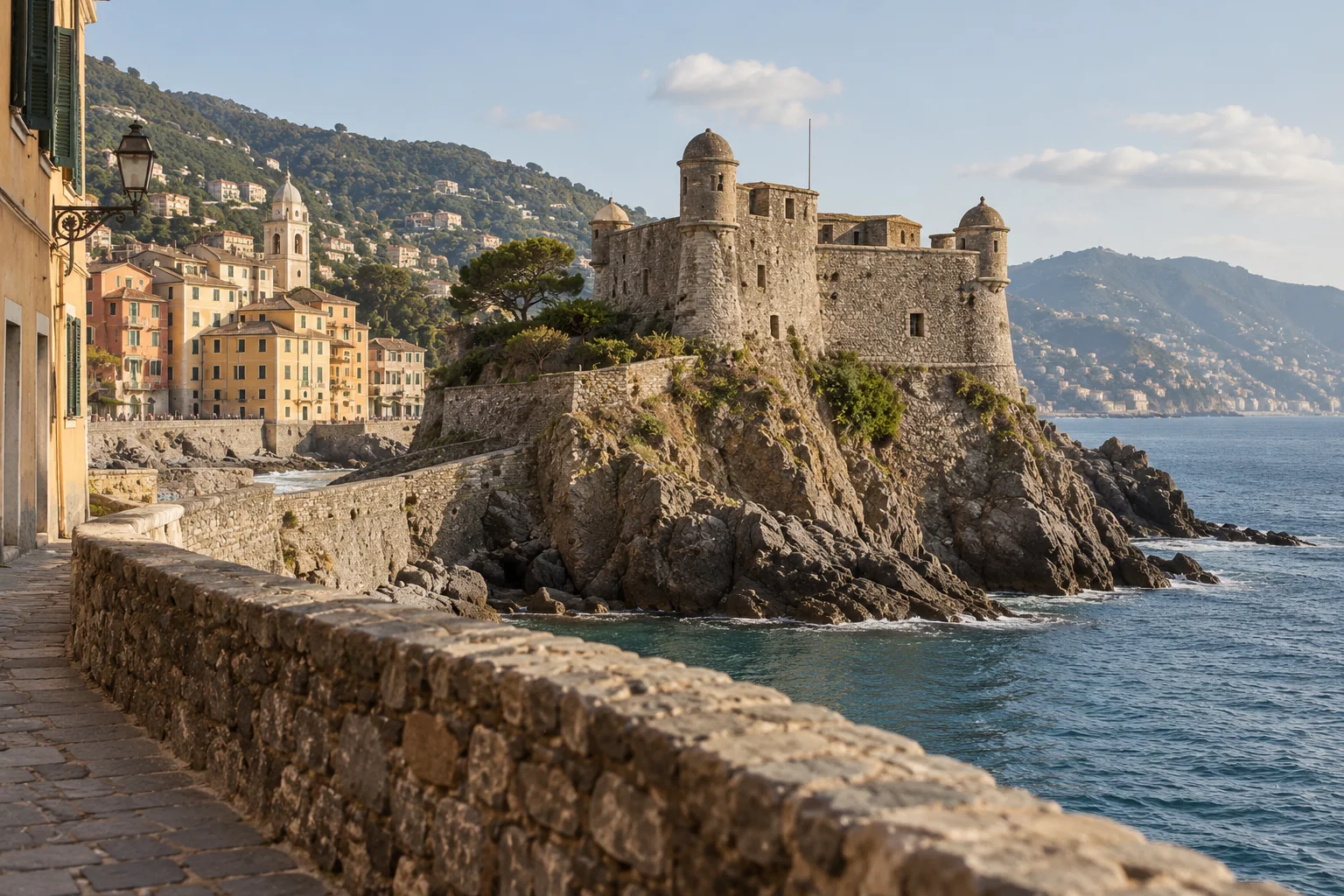 Castel Dragone on a rocky point above the sea in Camogli