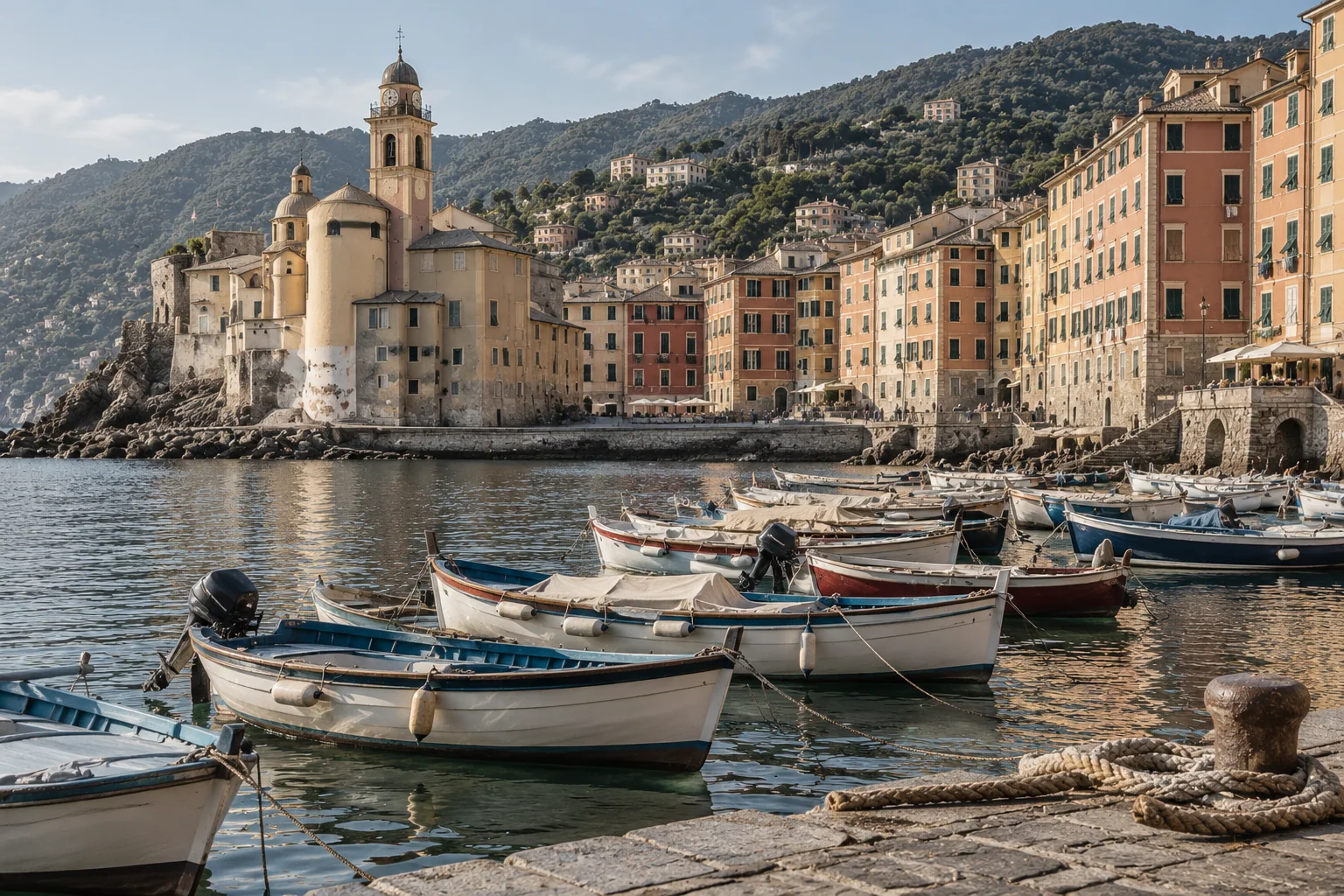 Small boats moored before Camogli's decorated seafront facades