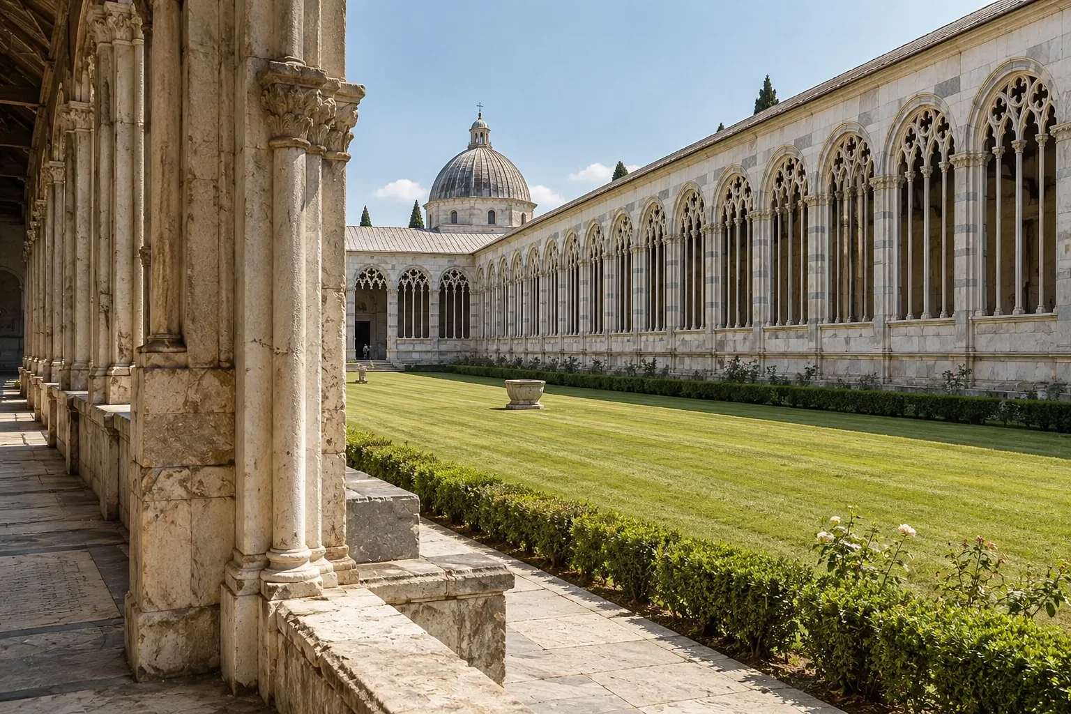 The grass court of the Camposanto Monumentale between two long Gothic marble galleries