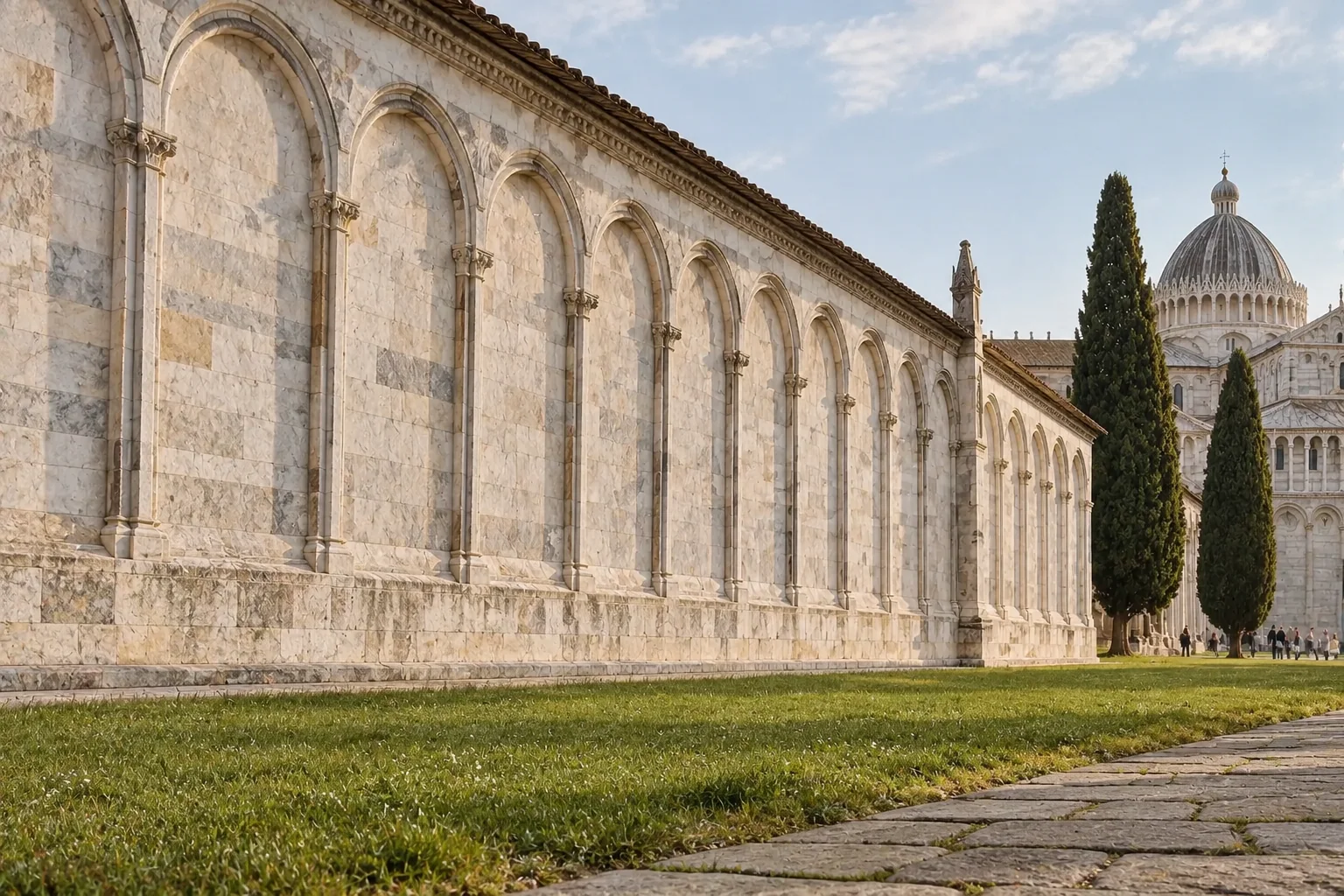 The long white marble wall of the Camposanto Monumentale across the lawn of Piazza dei Miracoli, with its single door