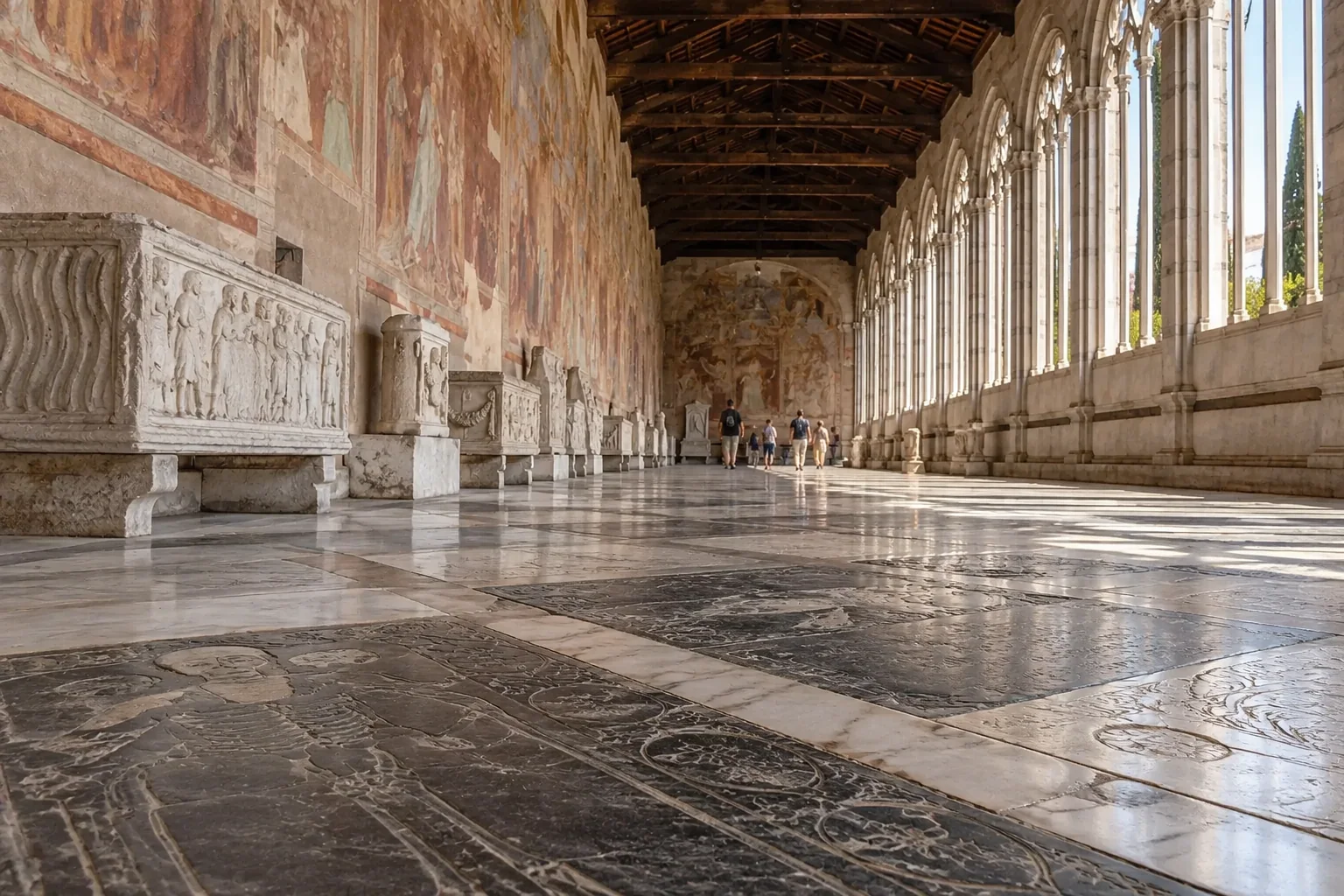 The long gallery of the Camposanto with tall Gothic windows, Roman sarcophagi and carved tomb slabs in the marble floor