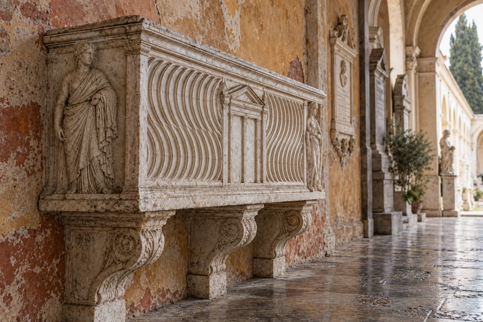 A Roman marble sarcophagus with carved flutes and a temple door on a console bracket against a weathered wall