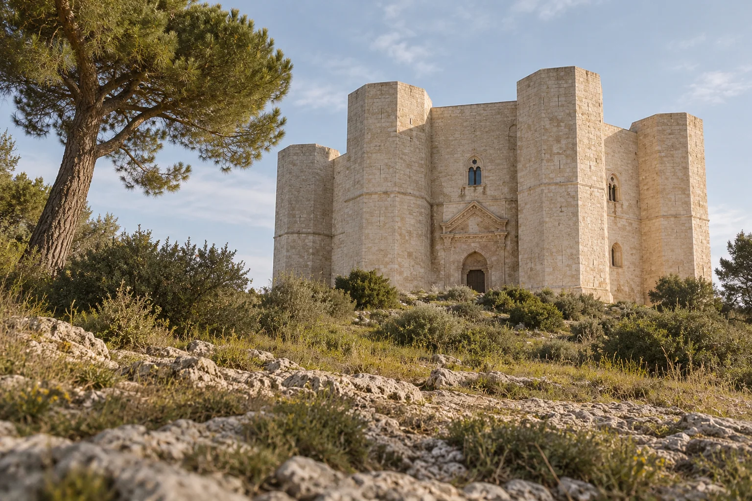 Castel del Monte on its hilltop in Puglia, an octagon of pale limestone with eight towers