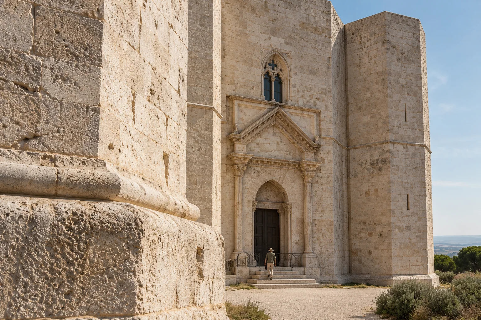 The classical portal of Castel del Monte with its pediment and fluted pilasters