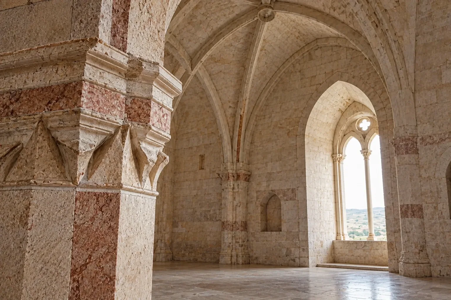 A ribbed vaulted room in Castel del Monte with a tall pointed window