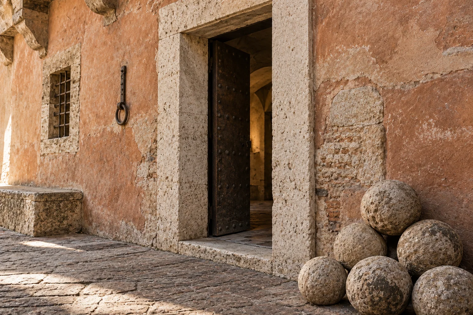 Ochre courtyard wall, a plain stone doorway and stacked stone cannonballs at Castel Sant’Angelo