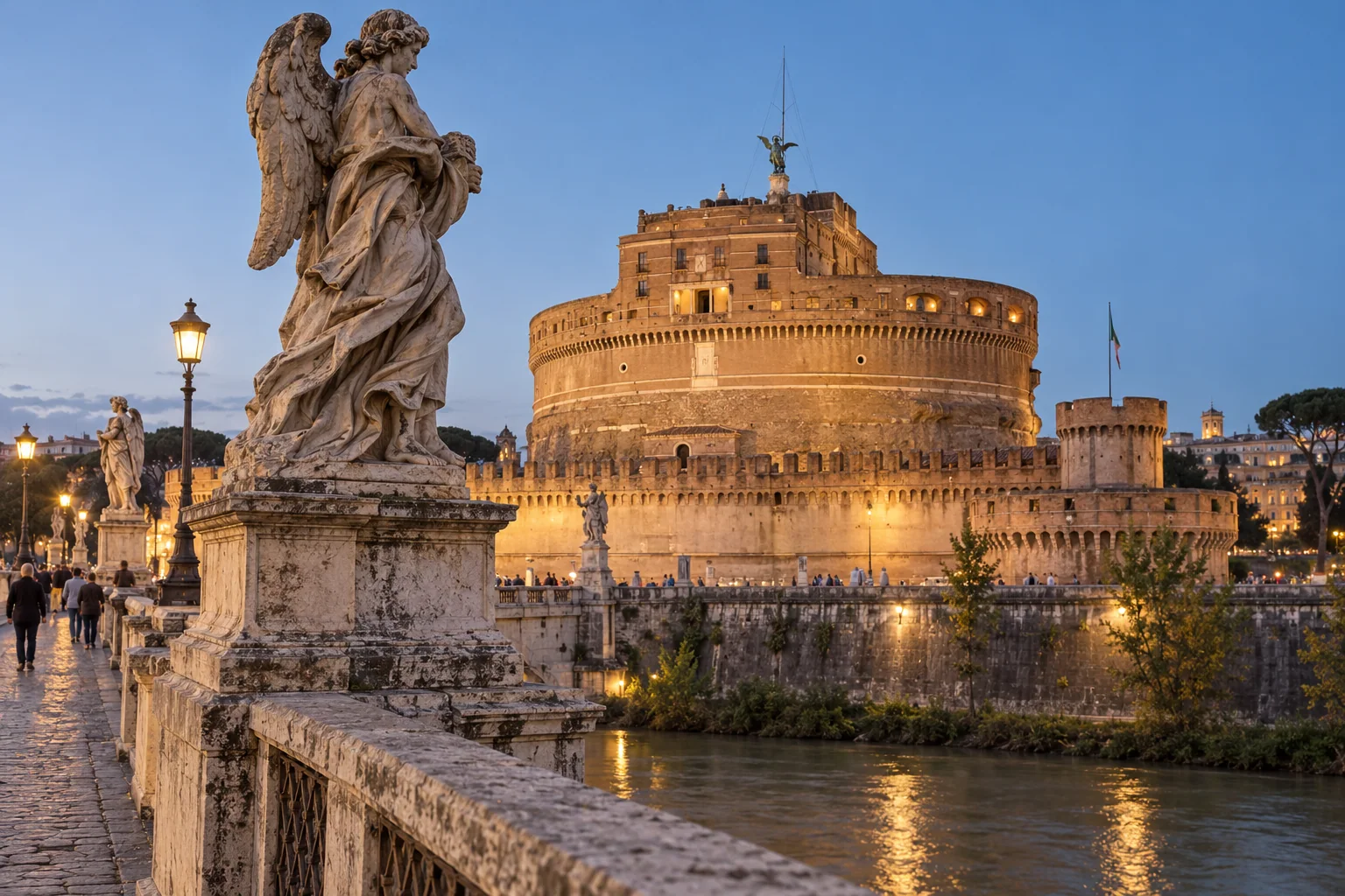 Castel Sant’Angelo in Rome at dusk, seen from the bridge with its marble angels