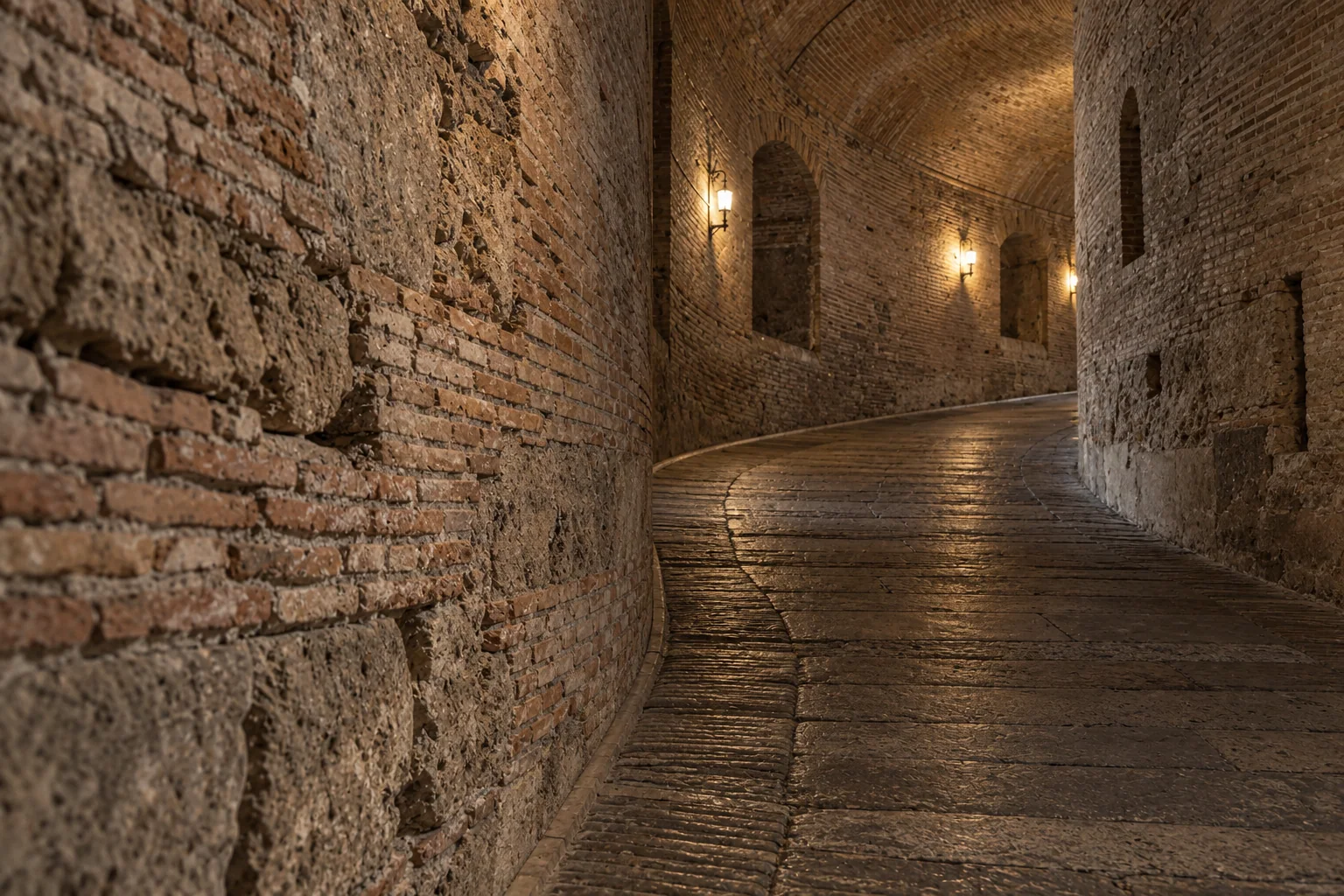 The Roman brick spiral ramp inside Castel Sant’Angelo, lit by wall lamps