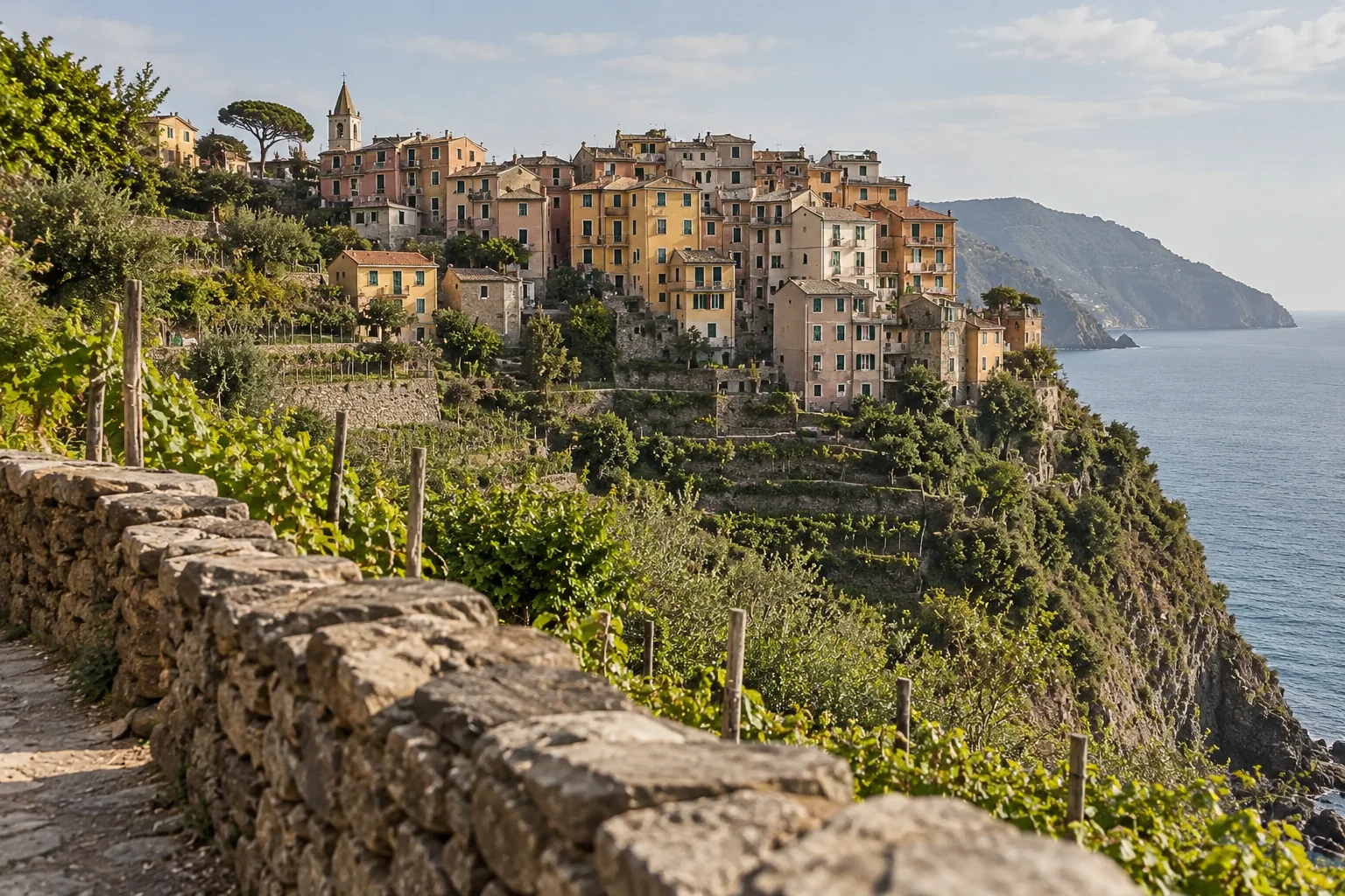 Corniglia's clustered hillside houses above stone terraces