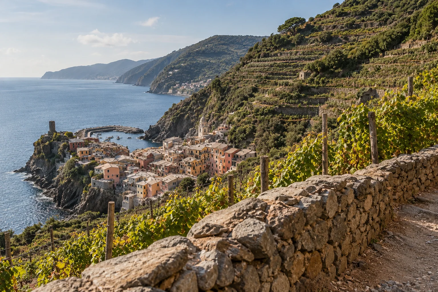 Dry-stone vineyard terraces climbing a Cinque Terre hillside