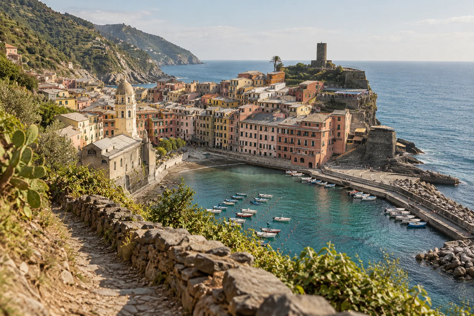 Vernazza's enclosed harbor with pastel houses, church tower and castle