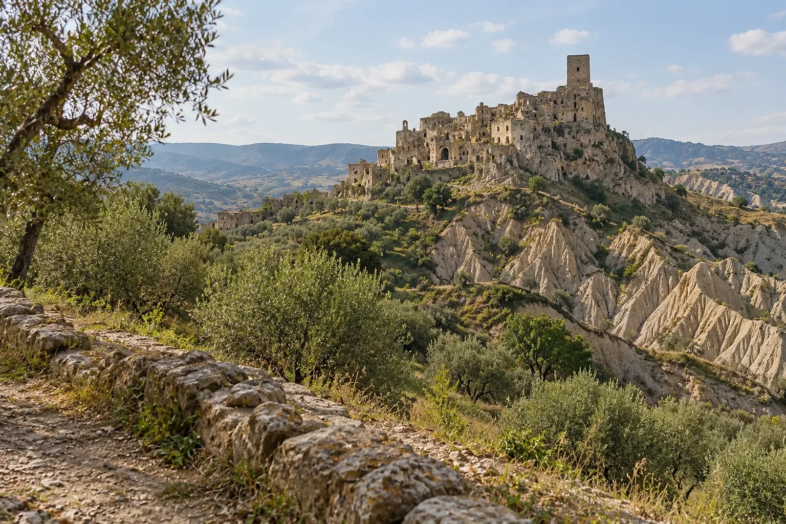 Craco above the eroded clay calanchi, seen from the hillside below