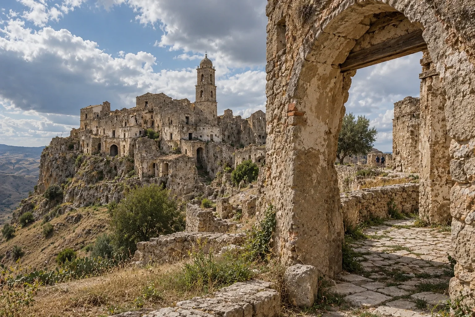 The ruined church quarter of Craco with its bell tower under a dramatic sky