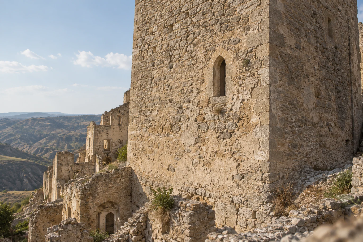 The square Norman tower of Craco seen from below against a blue sky